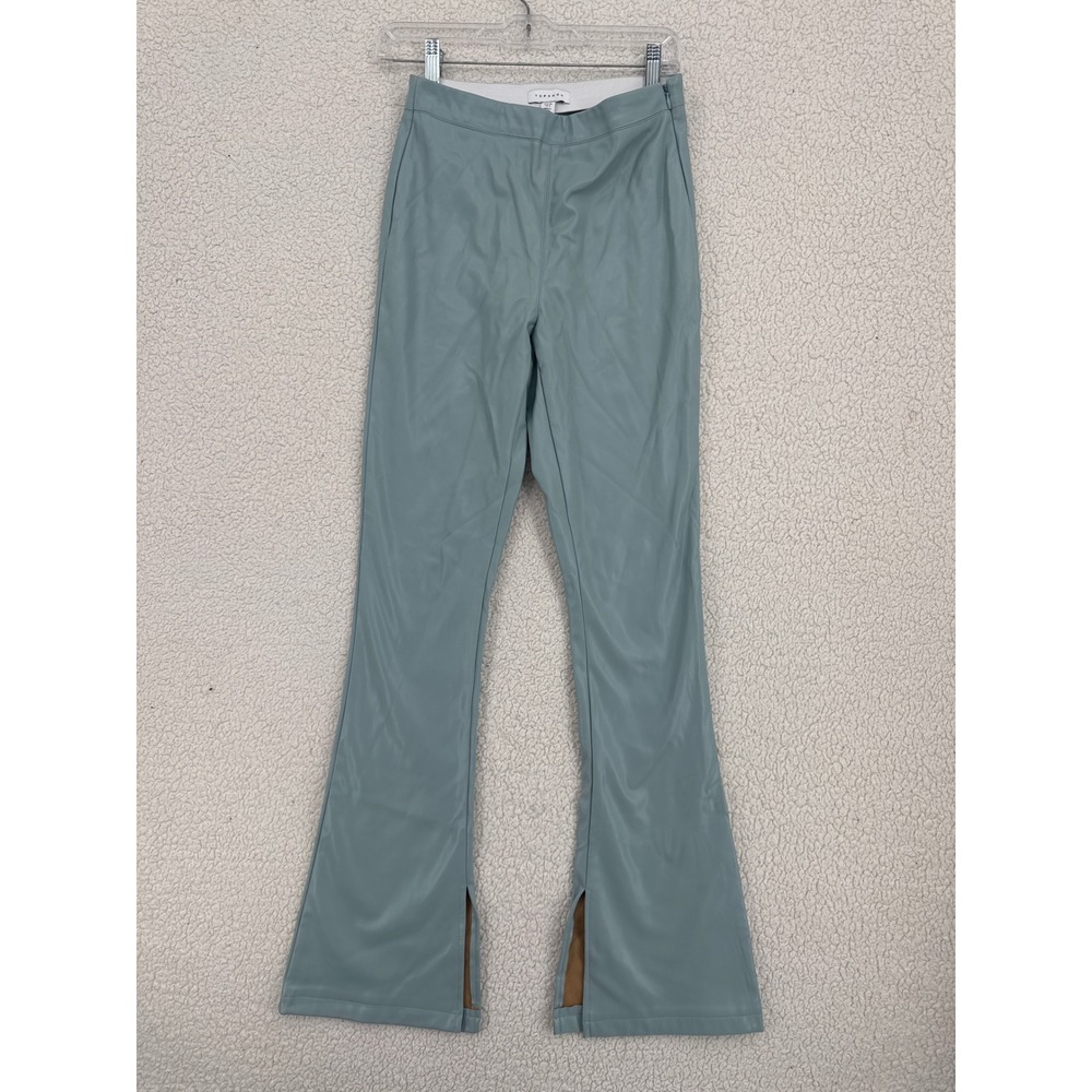 Topshop Faux Leather Flare Split Hem Pants Size 6 Blue Side Zip